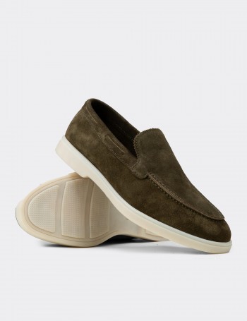 Erkek Hakiki Süet Yeşil Loafer Ayakkabı - 02032MYSLC01