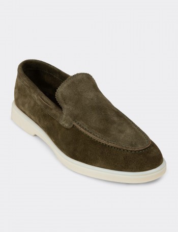 Erkek Hakiki Süet Yeşil Loafer Ayakkabı - 02032MYSLC01