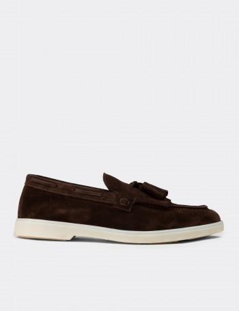 Erkek Hakiki Süet Kahverengi Püsküllü Loafer - 02030MKHVC01