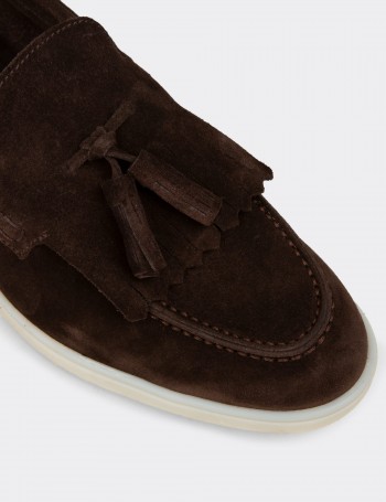 Erkek Hakiki Süet Kahverengi Püsküllü Loafer - 02030MKHVC01