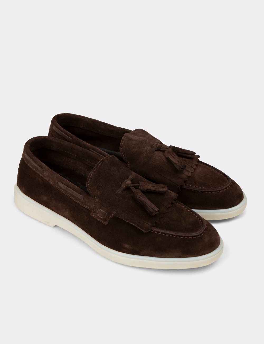 Erkek Hakiki Süet Kahverengi Püsküllü Loafer - 02030MKHVC01