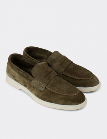 Erkek Yeşil Hakiki Süet Loafer Ayakkabı - 02028MYSLC01