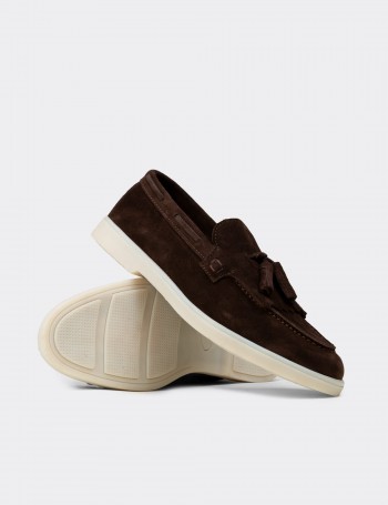 Erkek Hakiki Süet Kahverengi Püsküllü Loafer - 02030MKHVC01