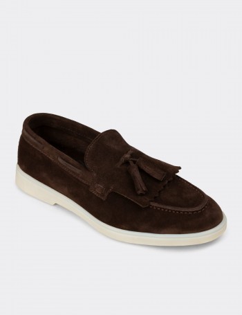 Erkek Hakiki Süet Kahverengi Püsküllü Loafer - 02030MKHVC01