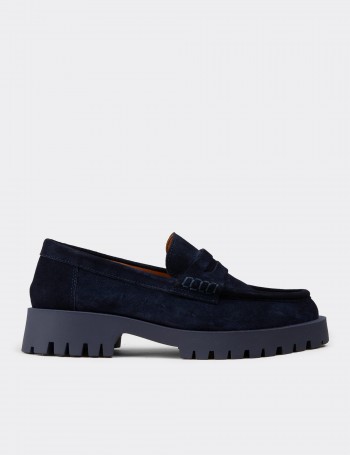 Kadın Hakiki Süet Lacivert Loafer Ayakkabı