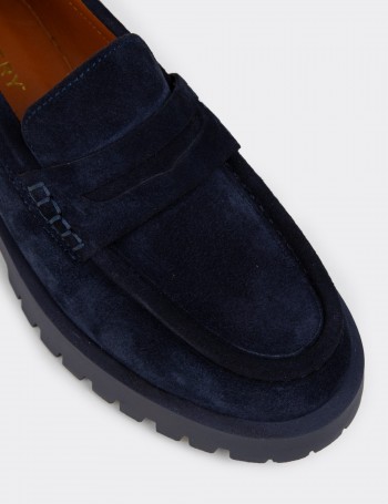 Kadın Hakiki Süet Lacivert Loafer Ayakkabı - 02034ZLCVC01