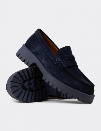 Kadın Hakiki Süet Lacivert Loafer Ayakkabı - 02034ZLCVC01