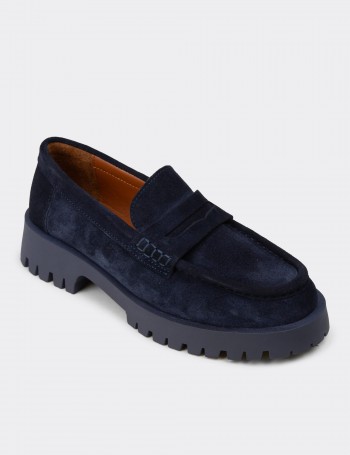 Kadın Hakiki Süet Lacivert Loafer Ayakkabı