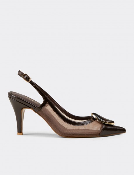 Kadın Kahverengi Taş Detaylı Slingback Topuklu Ayakkabı