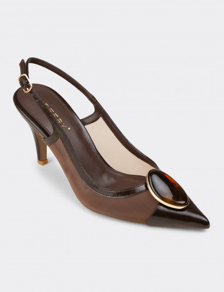 Kadın Kahverengi Taş Detaylı Slingback Topuklu Ayakkabı