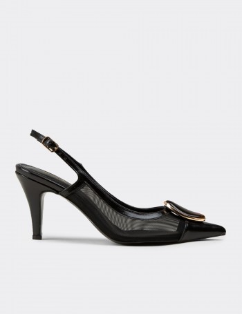 Kadın Siyah Taş Detaylı Slingback Topuklu Ayakkabı