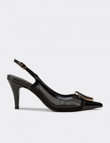 Kadın Siyah Taş Detaylı Slingback Topuklu Ayakkabı