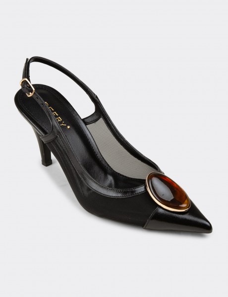 Kadın Siyah Taş Detaylı Slingback Topuklu Ayakkabı