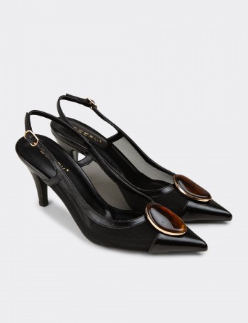 Kadın Siyah Taş Detaylı Slingback Topuklu Ayakkabı - RD235ZSYHM01