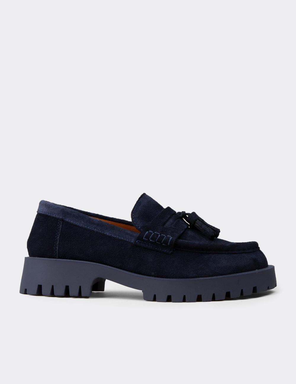 Kadın Hakiki Süet Lacivert Püsküllü Loafer - 02035ZLCVC01