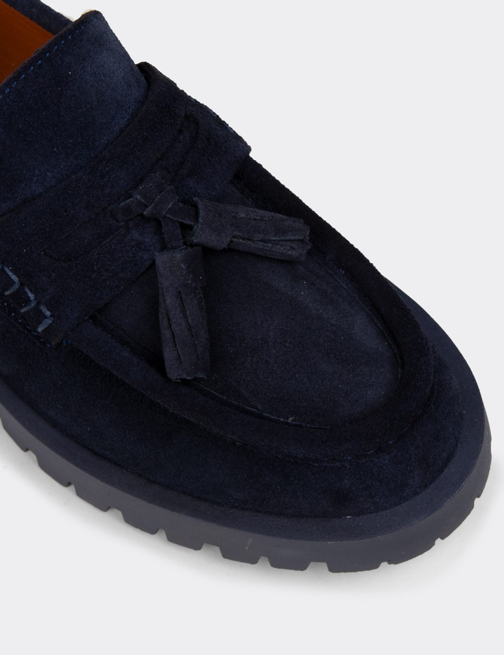 Kadın Hakiki Süet Lacivert Püsküllü Loafer - 02035ZLCVC01