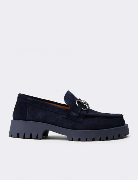 Kadın Hakiki Süet Lacivert Tokalı Loafer