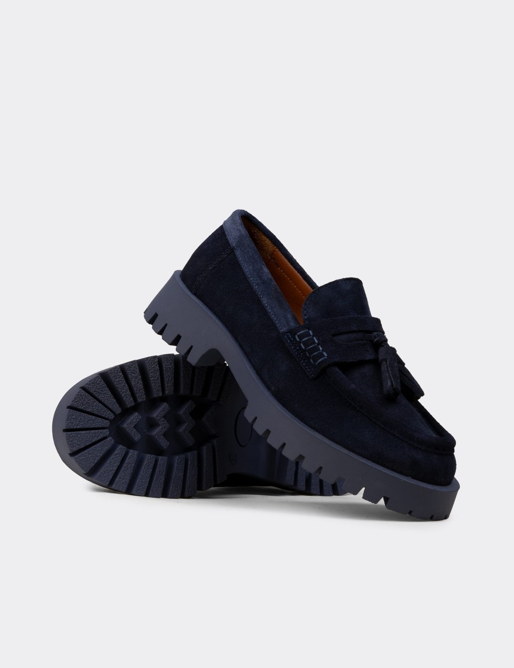 Kadın Hakiki Süet Lacivert Püsküllü Loafer - 02035ZLCVC01