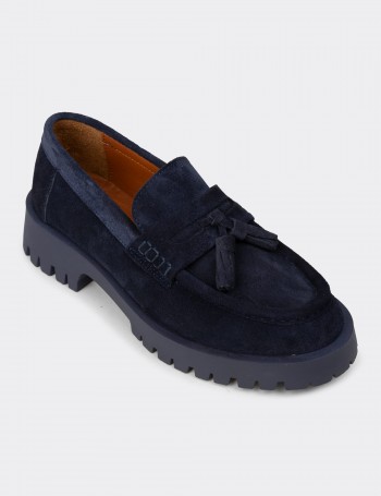 Kadın Hakiki Süet Lacivert Püsküllü Loafer - 02035ZLCVC01