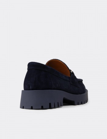 Kadın Hakiki Süet Lacivert Tokalı Loafer - 02037ZLCVC01