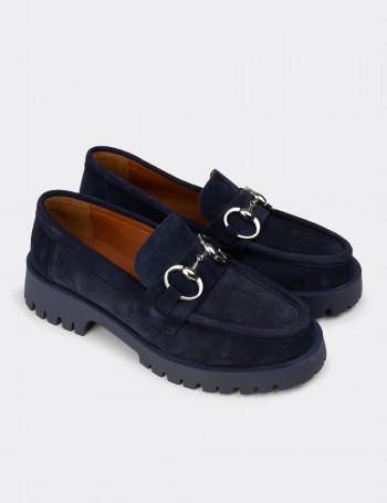 Kadın Hakiki Süet Lacivert Tokalı Loafer