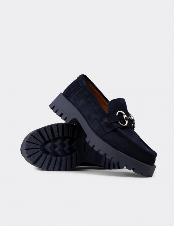 Kadın Hakiki Süet Lacivert Tokalı Loafer - 02037ZLCVC01