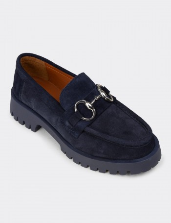 Kadın Hakiki Süet Lacivert Tokalı Loafer - 02037ZLCVC01