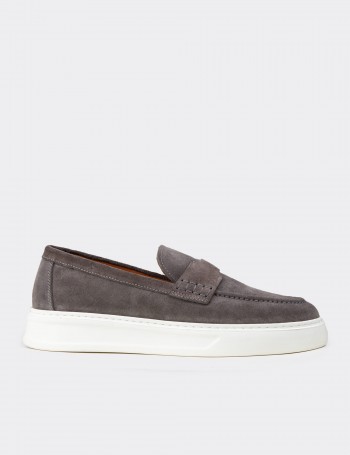 Erkek Hakiki Süet Gri Loafer Ayakkabı - 02043MGRIP01