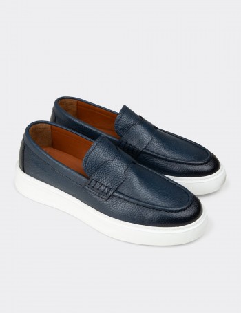 Erkek Hakiki Deri Mavi Loafer Ayakkabı - 02043MMVIP01