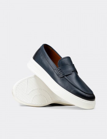 Erkek Hakiki Deri Mavi Loafer Ayakkabı - 02043MMVIP01