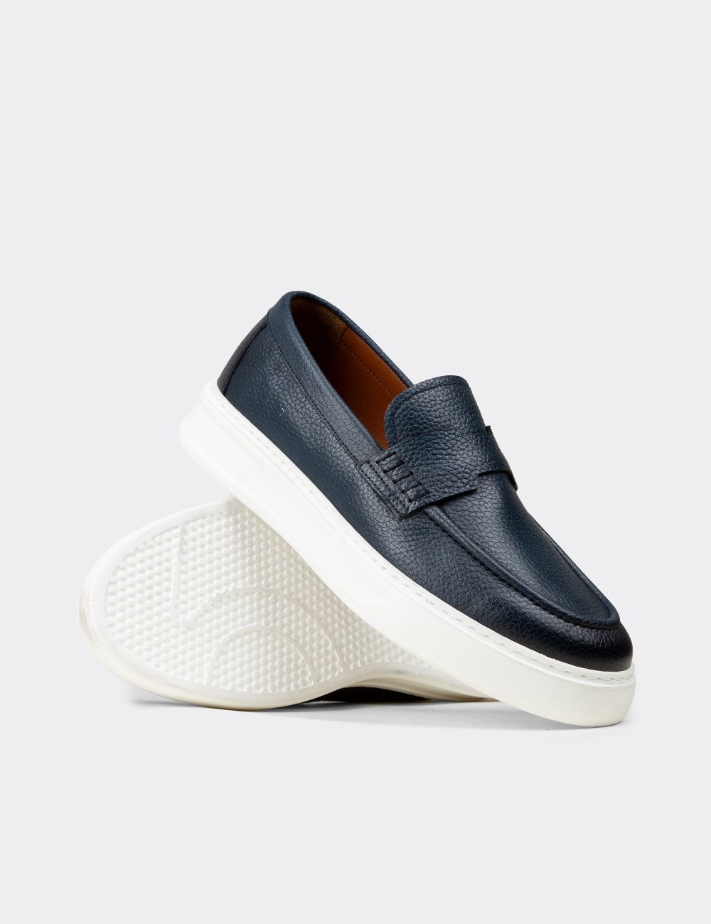 Erkek Hakiki Deri Mavi Loafer Ayakkabı - 02043MMVIP01