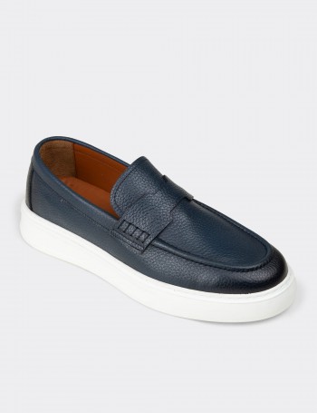Erkek Hakiki Deri Mavi Loafer Ayakkabı - 02043MMVIP01