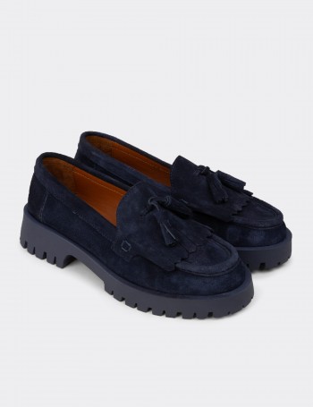 Kadın Hakiki Süet Lacivert Püsküllü Loafer Ayakkabı - 02033ZLCVC01