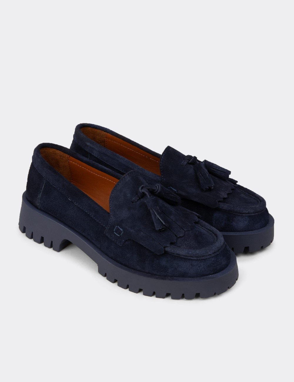 Kadın Hakiki Süet Lacivert Püsküllü Loafer Ayakkabı - 02033ZLCVC01