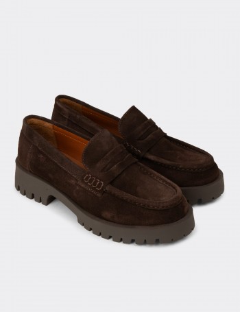 Kadın Hakiki Süet Kahverengi Loafer Ayakkabı - 02034ZKHVC01