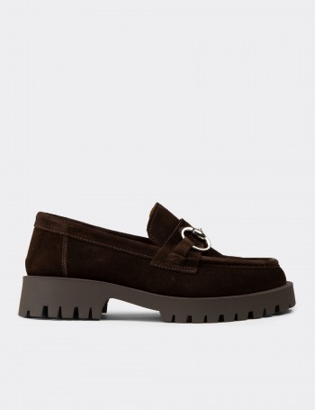 Kadın Hakiki Süet Kahverengi Tokalı Loafer - 02037ZKHVC01