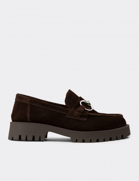 Kadın Hakiki Süet Kahverengi Tokalı Loafer