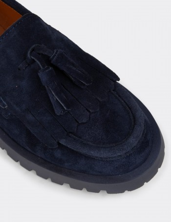 Kadın Hakiki Süet Lacivert Püsküllü Loafer Ayakkabı - 02033ZLCVC01