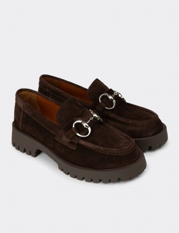 Kadın Hakiki Süet Kahverengi Tokalı Loafer - 02037ZKHVC01