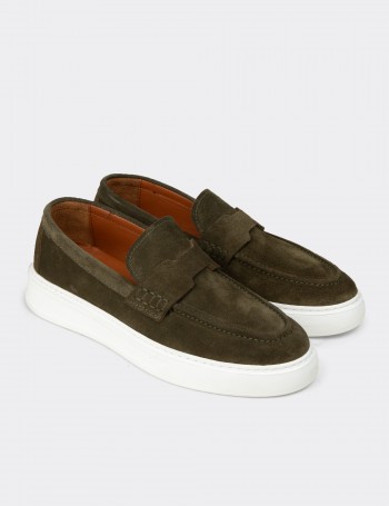 Erkek Hakiki Süet Yeşil Loafer Ayakkabı - 02043MYSLP01