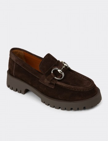 Kadın Hakiki Süet Kahverengi Tokalı Loafer - 02037ZKHVC01