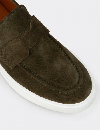Erkek Hakiki Süet Yeşil Loafer Ayakkabı - 02043MYSLP01