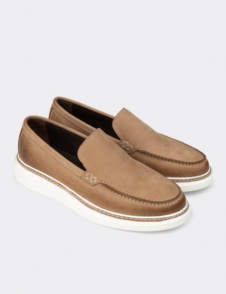 Erkek Hakiki Nubuk Vizon Rengi Loafer Ayakkabı