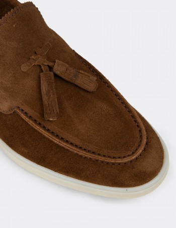 Erkek Hakiki Süet Taba Rengi Püsküllü Loafer - 02027MTBAC01