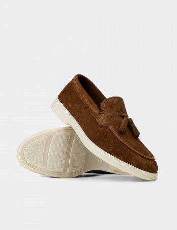 Erkek Hakiki Süet Taba Rengi Püsküllü Loafer - 02027MTBAC01