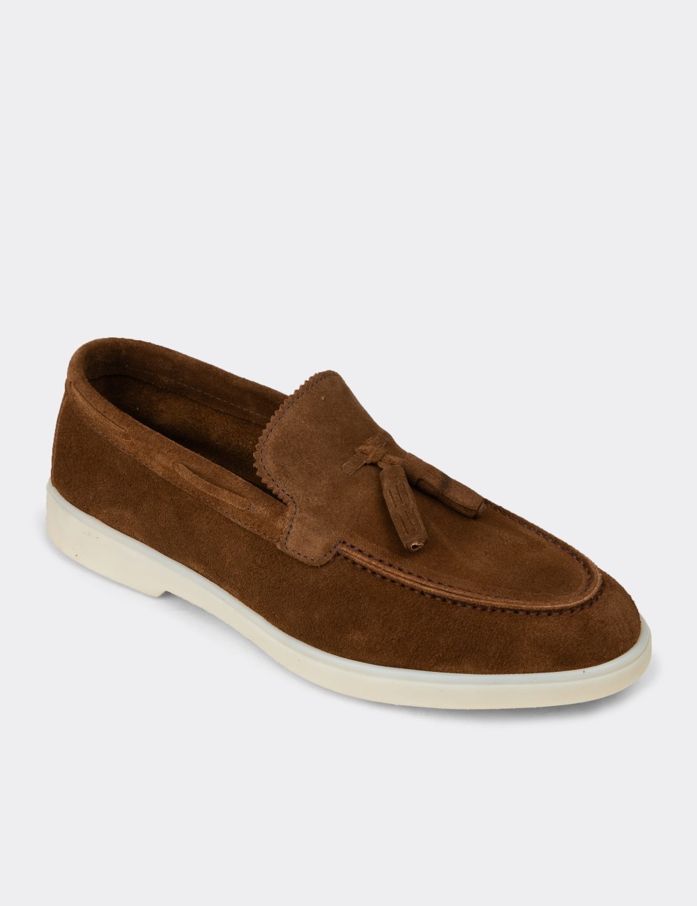 Erkek Hakiki Süet Taba Rengi Püsküllü Loafer - 02027MTBAC01