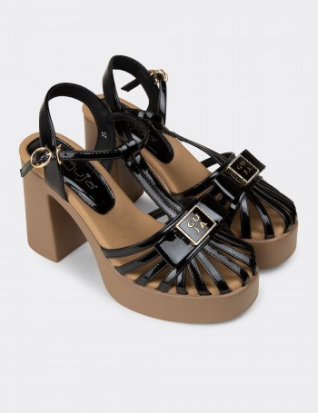 Kadın Siyah Rugan Platform Topuklu Sandalet - 26491ZSYHC01