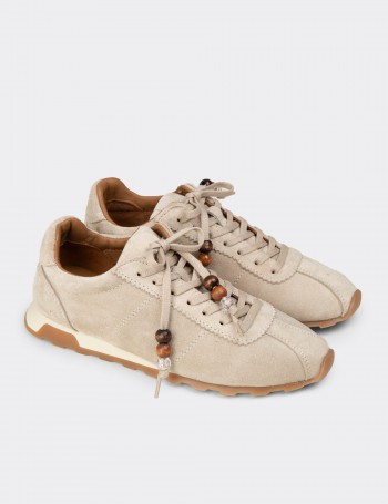 Kadın Hakiki Süet Bej Sneaker Ayakkabı