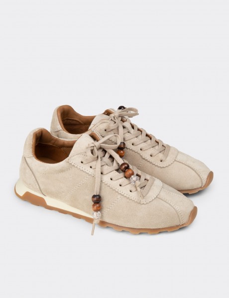 Kadın Hakiki Süet Bej Sneaker Ayakkabı