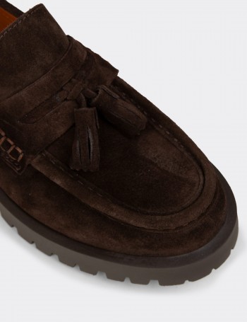 Kadın Hakiki Süet Kahverengi Püsküllü Loafer - 02035ZKHVC01